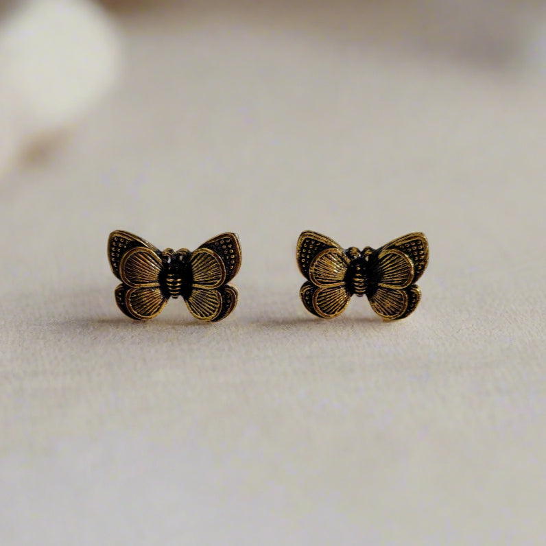 Antique Gold Oxidized Butterfly Studs