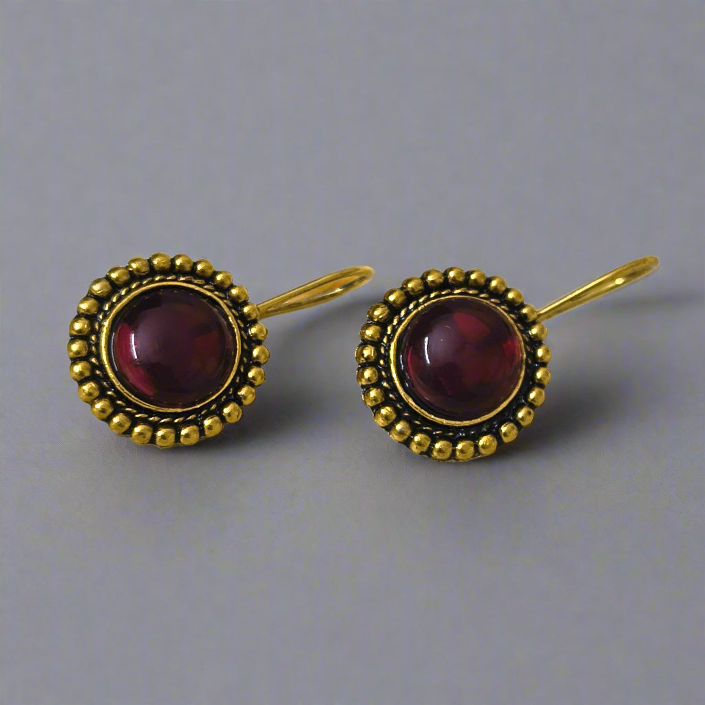 Round stone oxidized gold hook earrings