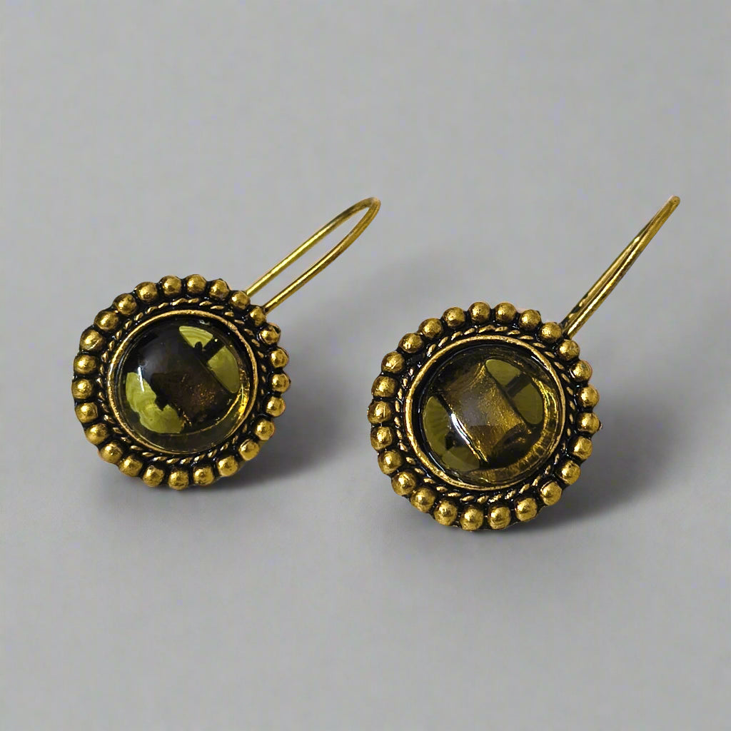 Round stone oxidized gold hook earrings
