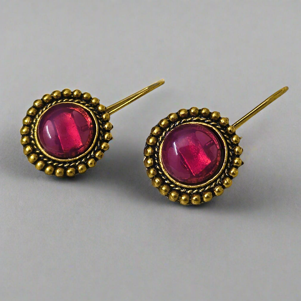 Round stone oxidized gold hook earrings