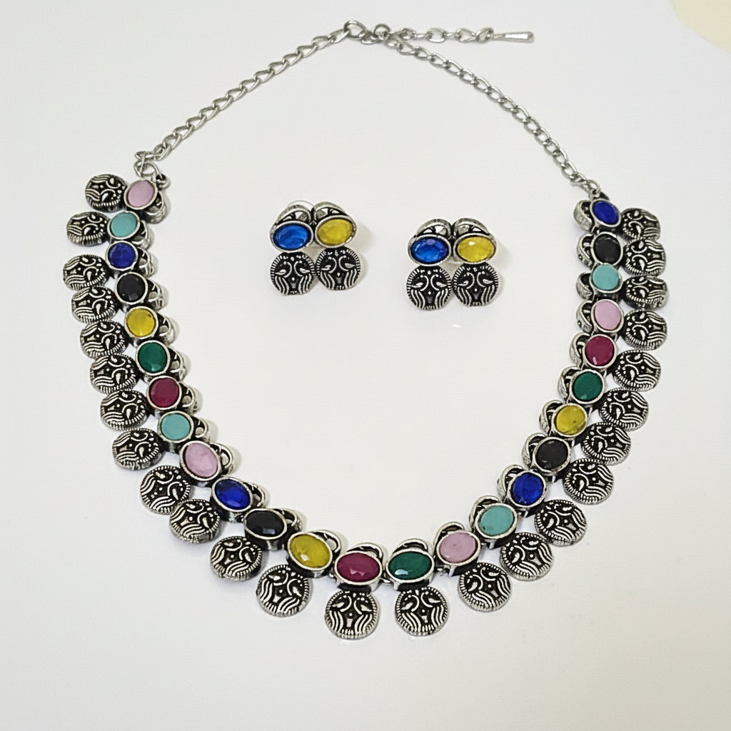Multi stone Oxidised German silver necklace set
