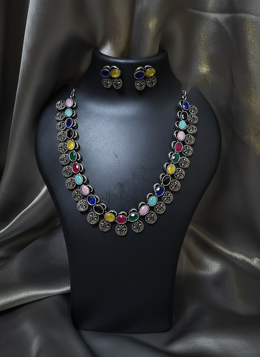 Multi stone Oxidised German silver necklace set