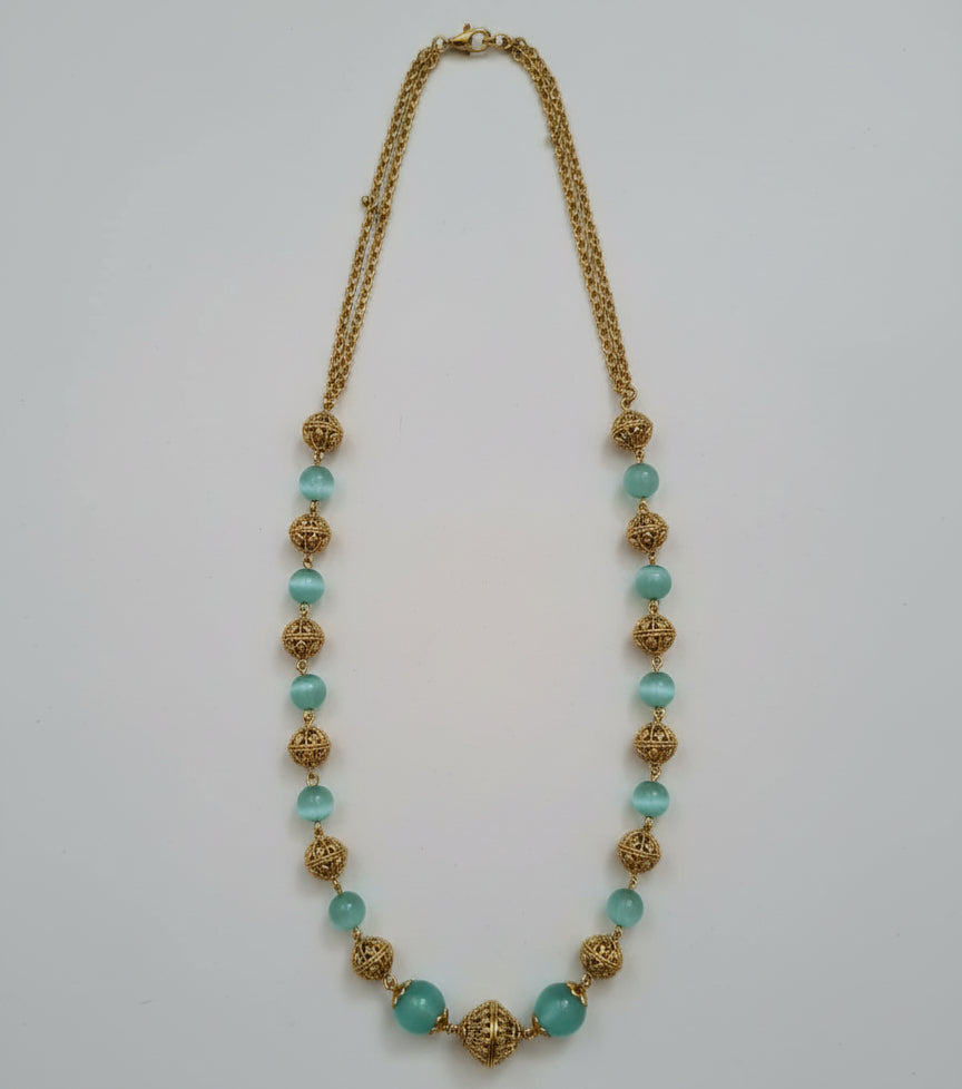 Aqua blue glass bead gold tone necklace