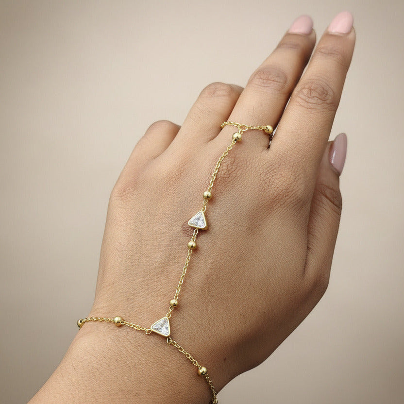 Anti Tarnish hand chain with attached Ring