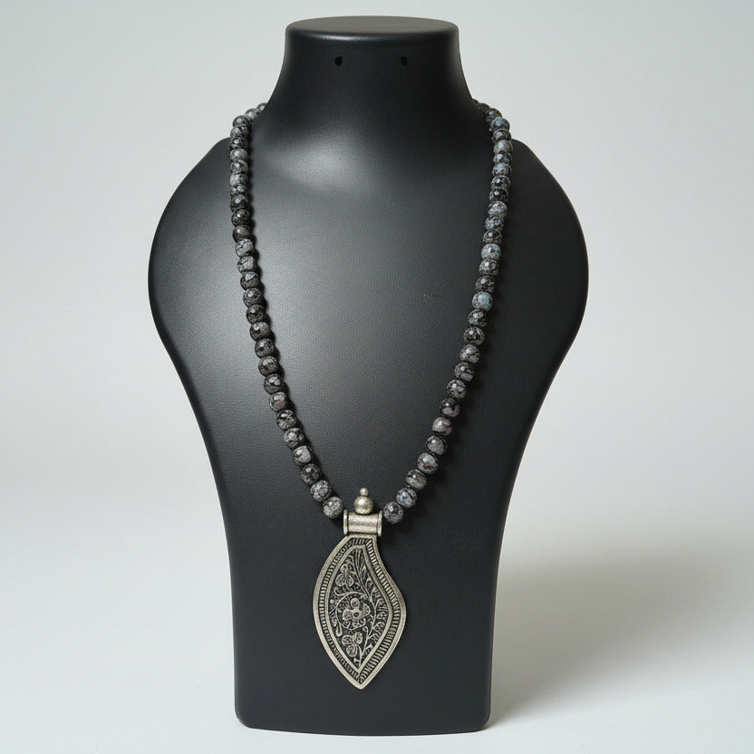 Oxidised sword pendant black bead haram
