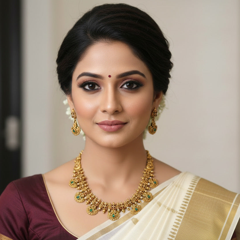 Gold necklace and earrings on a black mannequin