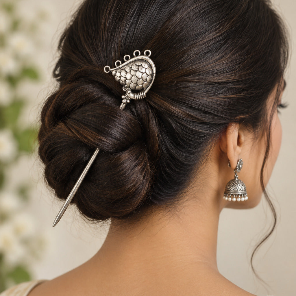 Oxidised silver hair bun stick
