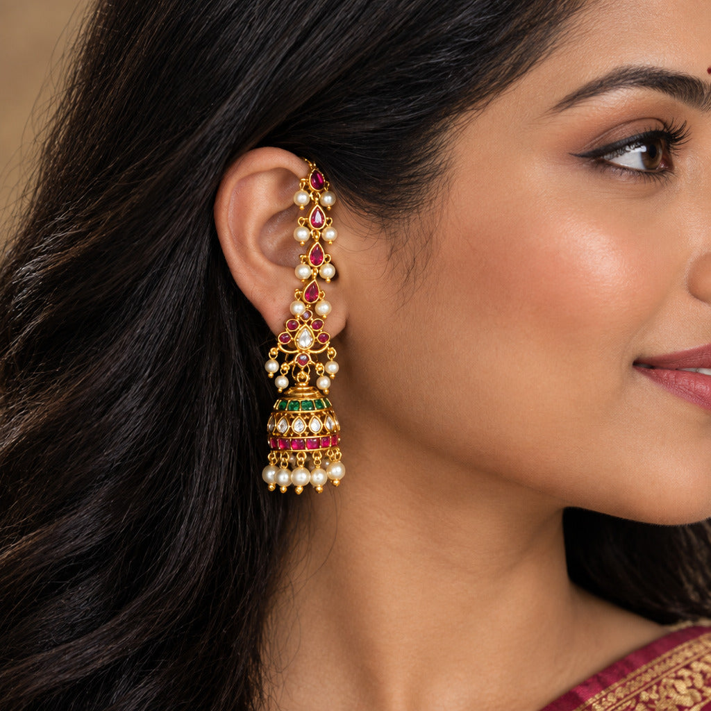 Manohari Kemp Jhumka with Ear chains